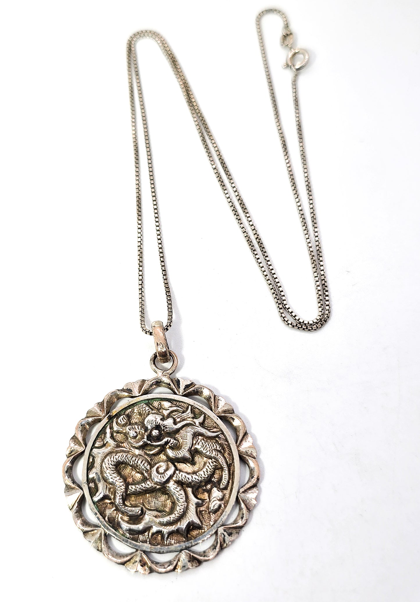 Blessings Chinese Dragon circle Sterling silver vintage pendant necklace