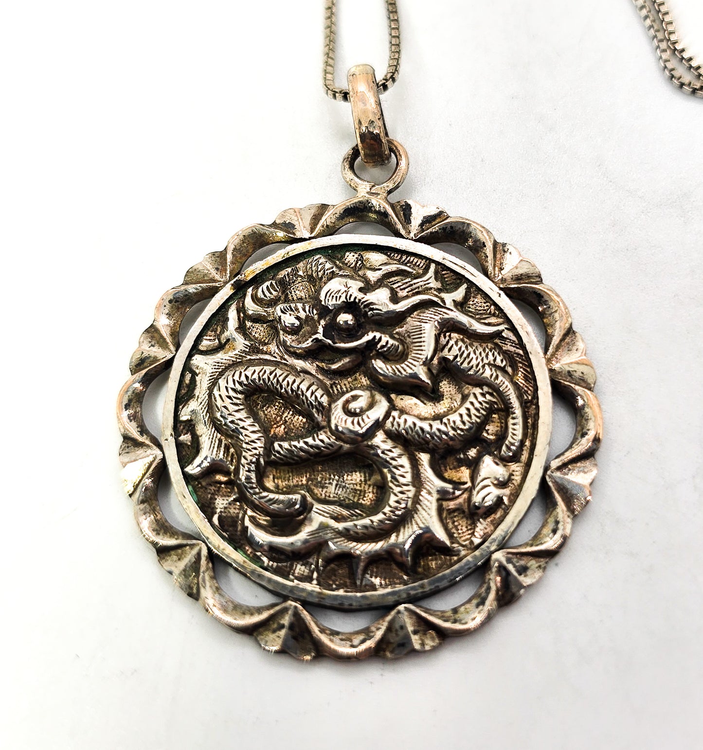 Blessings Chinese Dragon circle Sterling silver vintage pendant necklace