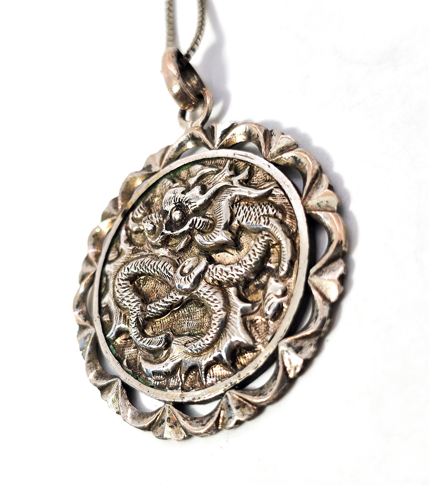 Blessings Chinese Dragon circle Sterling silver vintage pendant necklace