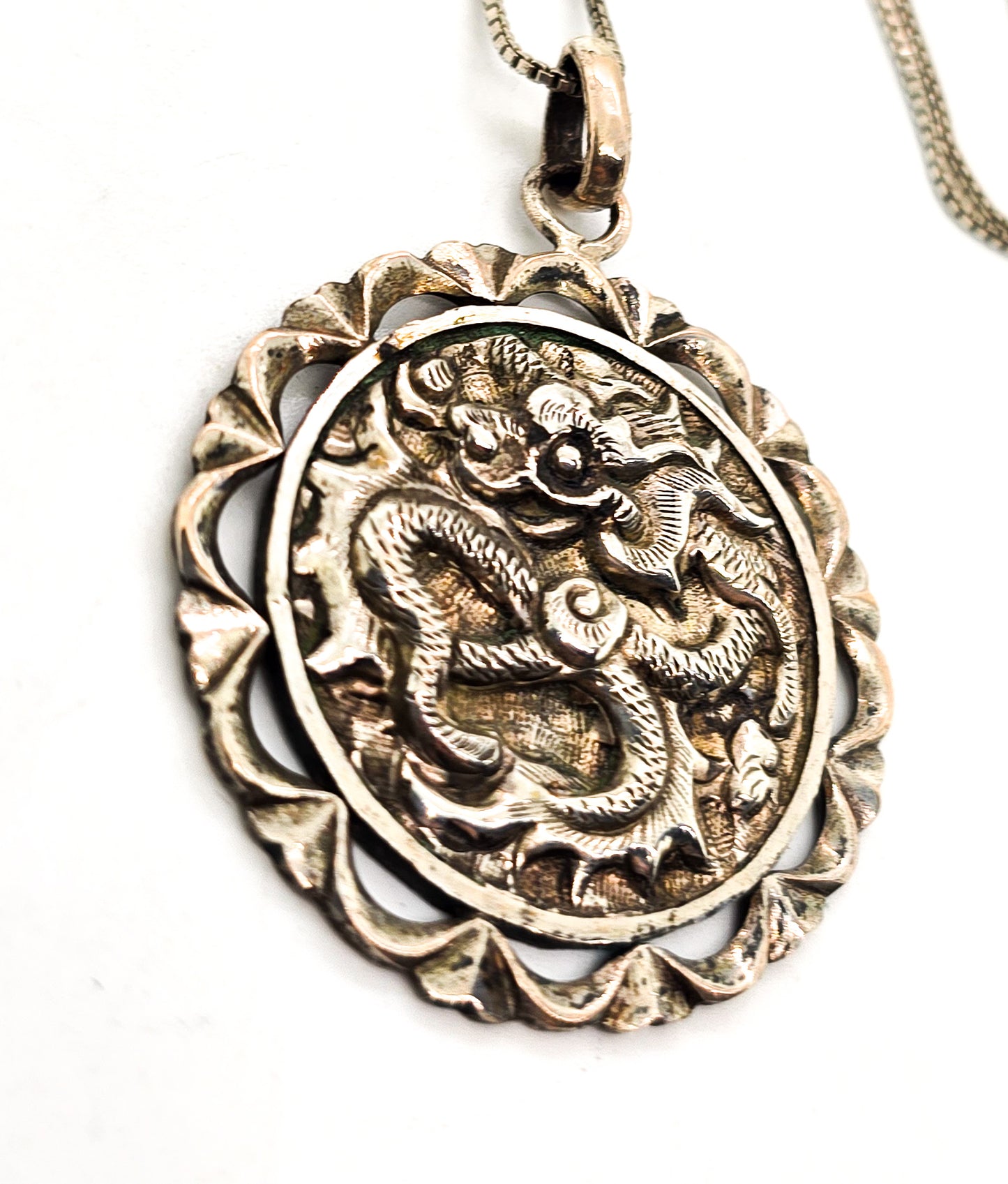 Blessings Chinese Dragon circle Sterling silver vintage pendant necklace