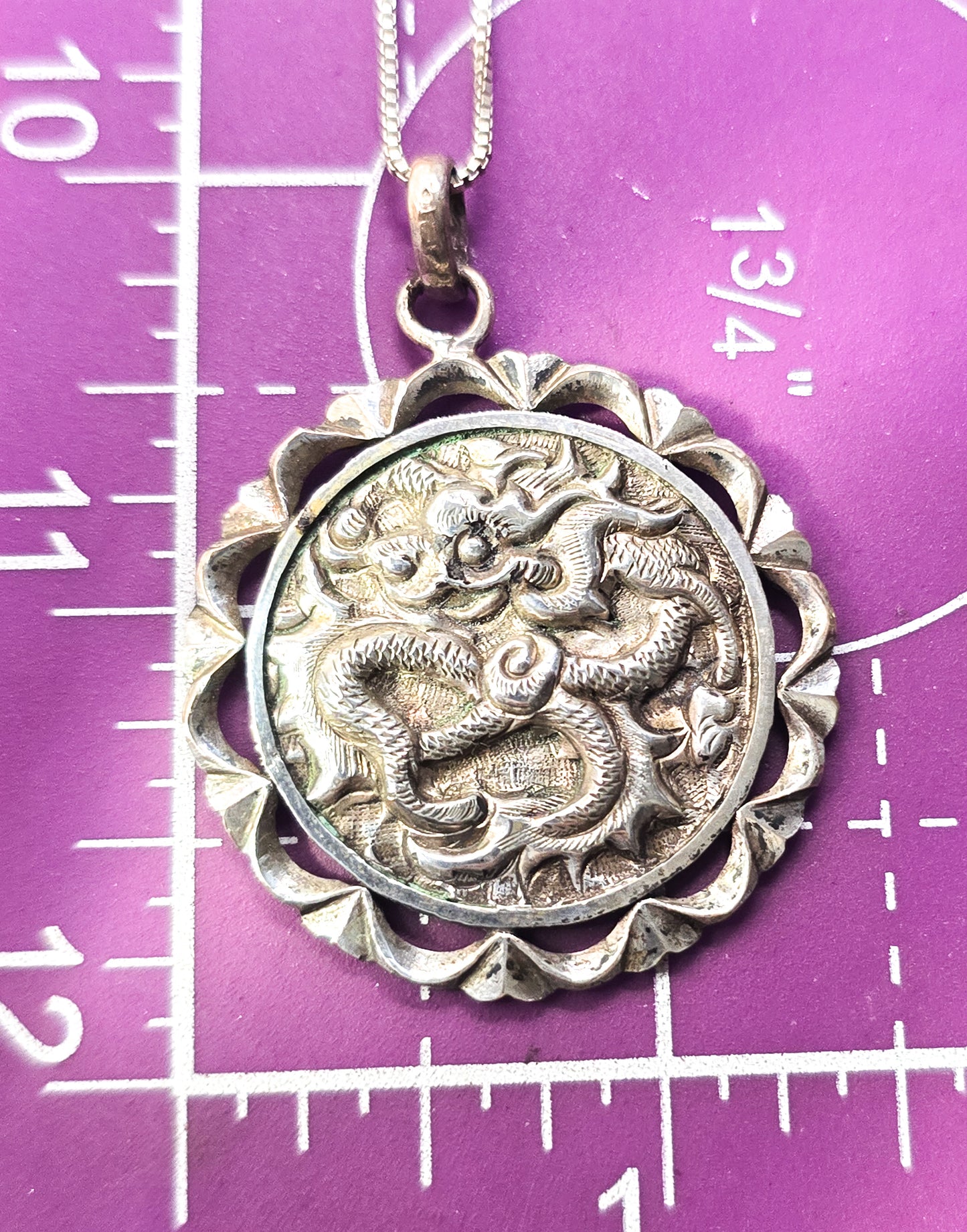 Blessings Chinese Dragon circle Sterling silver vintage pendant necklace
