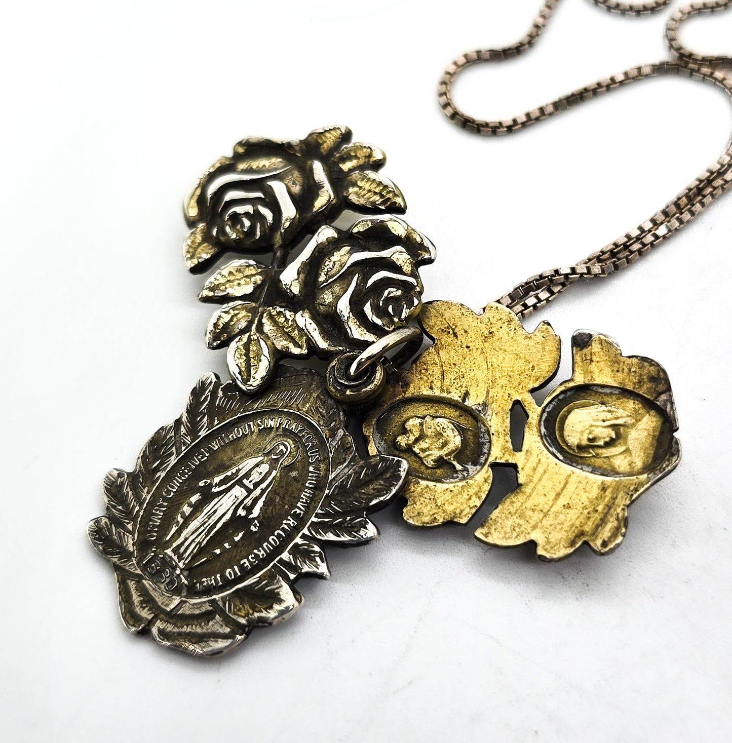Miraculous Medal Mary 3 part rose locket vintage sterling silver Catholic necklace