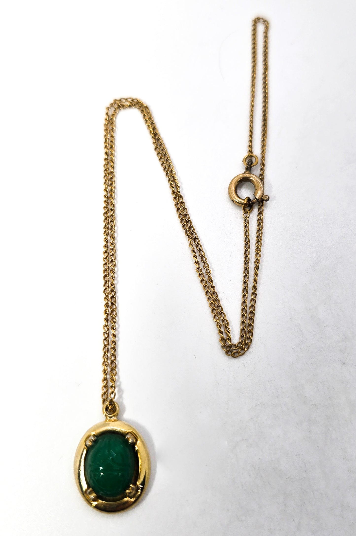 Egyptian revival mid century green glass Scarab gold toned vintage necklace