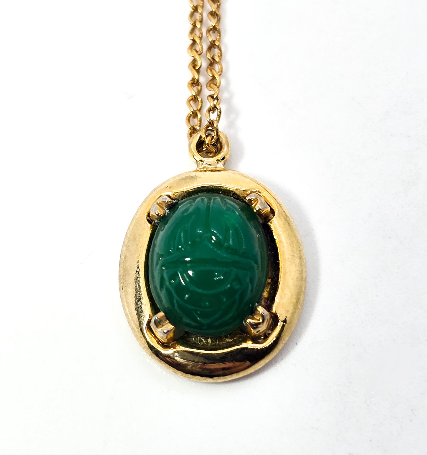 Egyptian revival mid century green glass Scarab gold toned vintage necklace