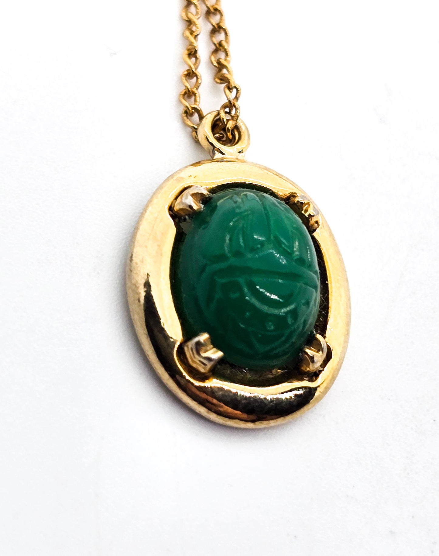 Egyptian revival mid century green glass Scarab gold toned vintage necklace
