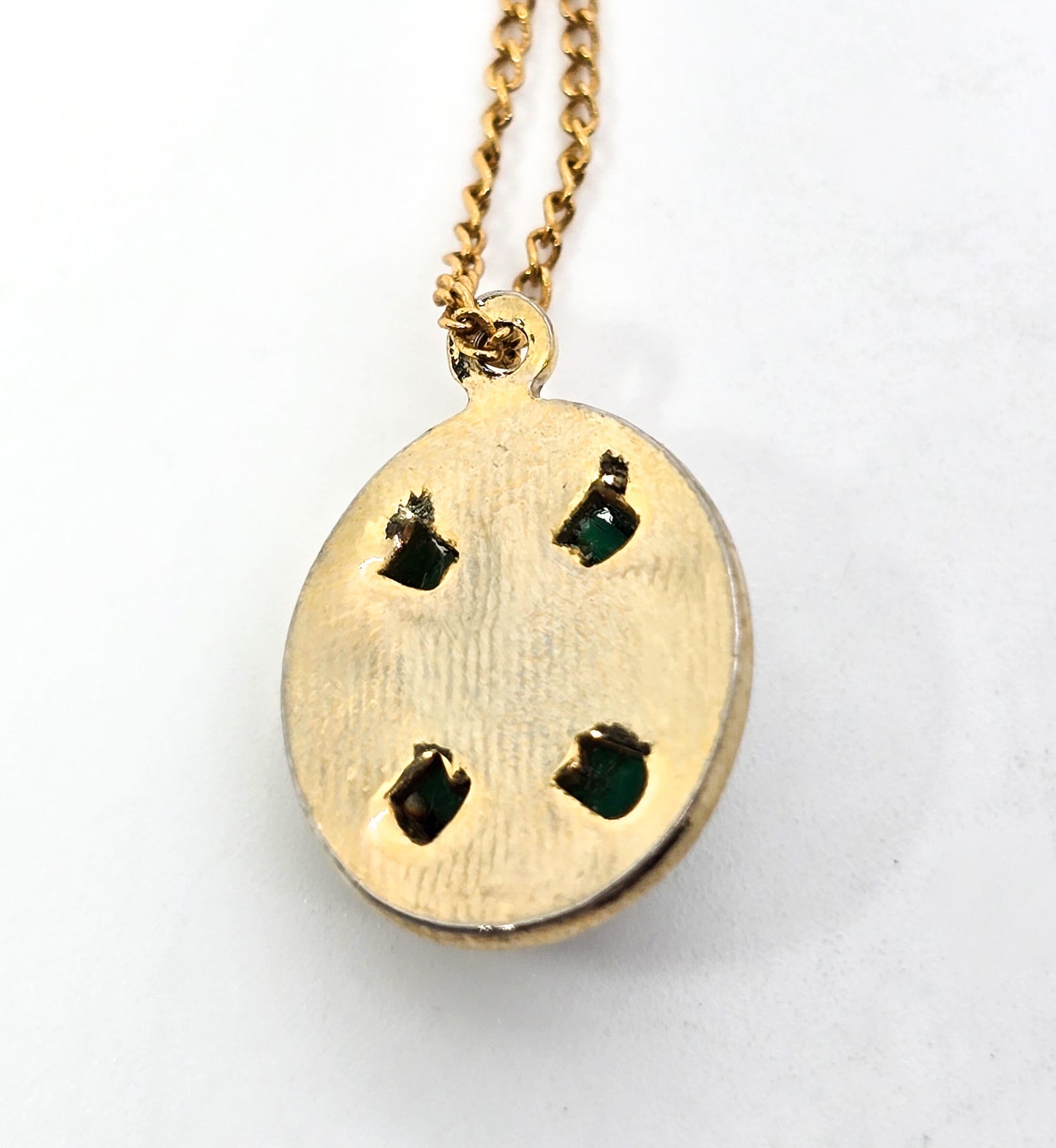 Egyptian revival mid century green glass Scarab gold toned vintage necklace