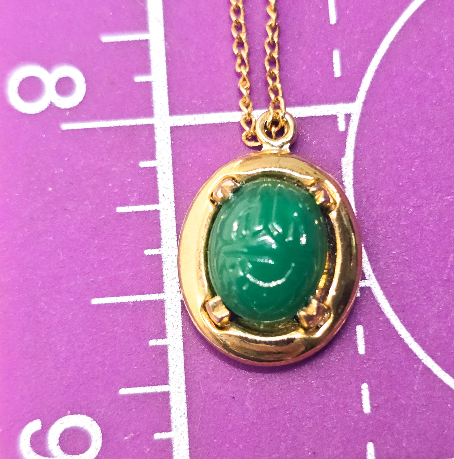Egyptian revival mid century green glass Scarab gold toned vintage necklace