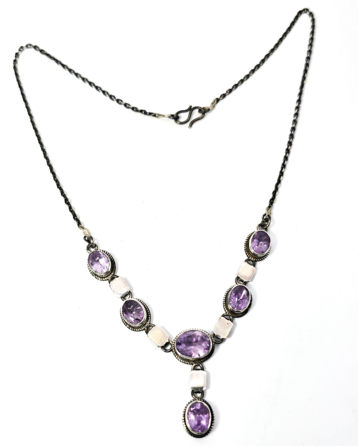 Amethyst purple gemstone sterling silver vintage Y statement necklace