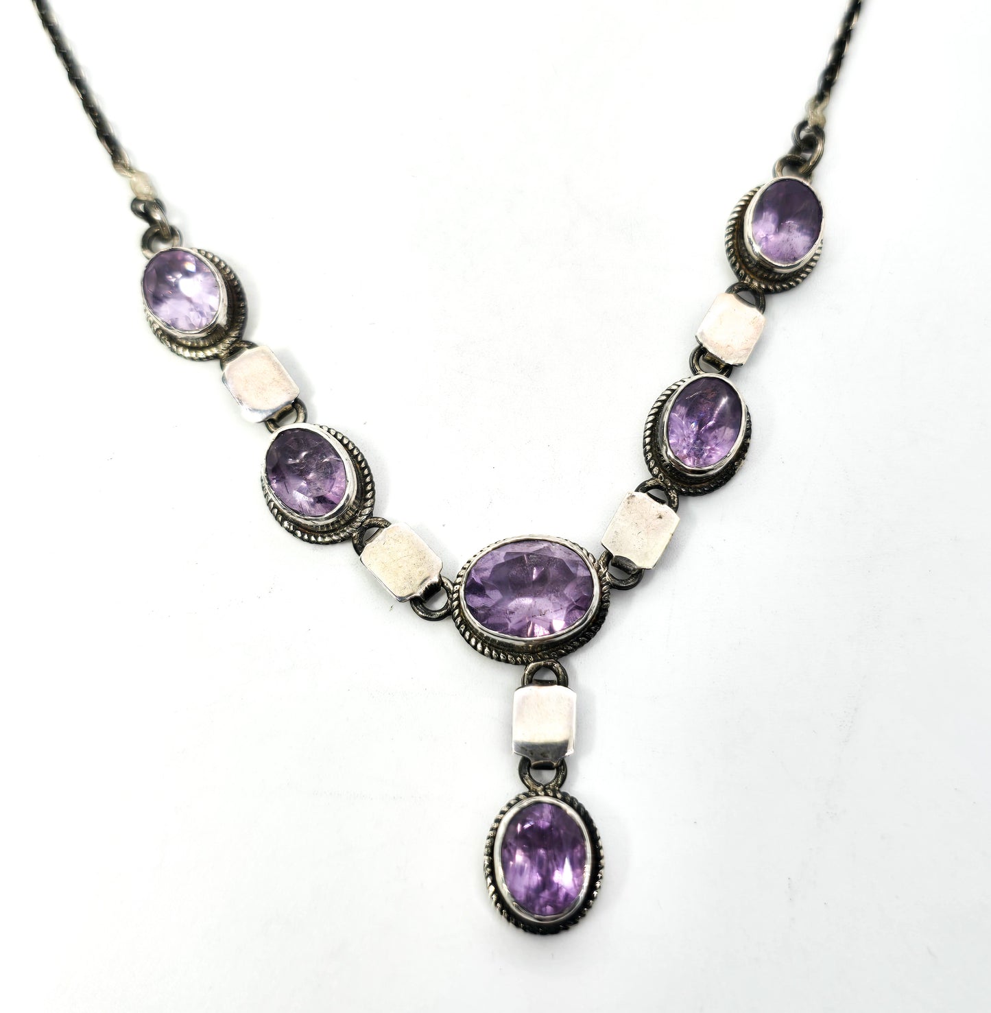 Amethyst purple gemstone sterling silver vintage Y statement necklace