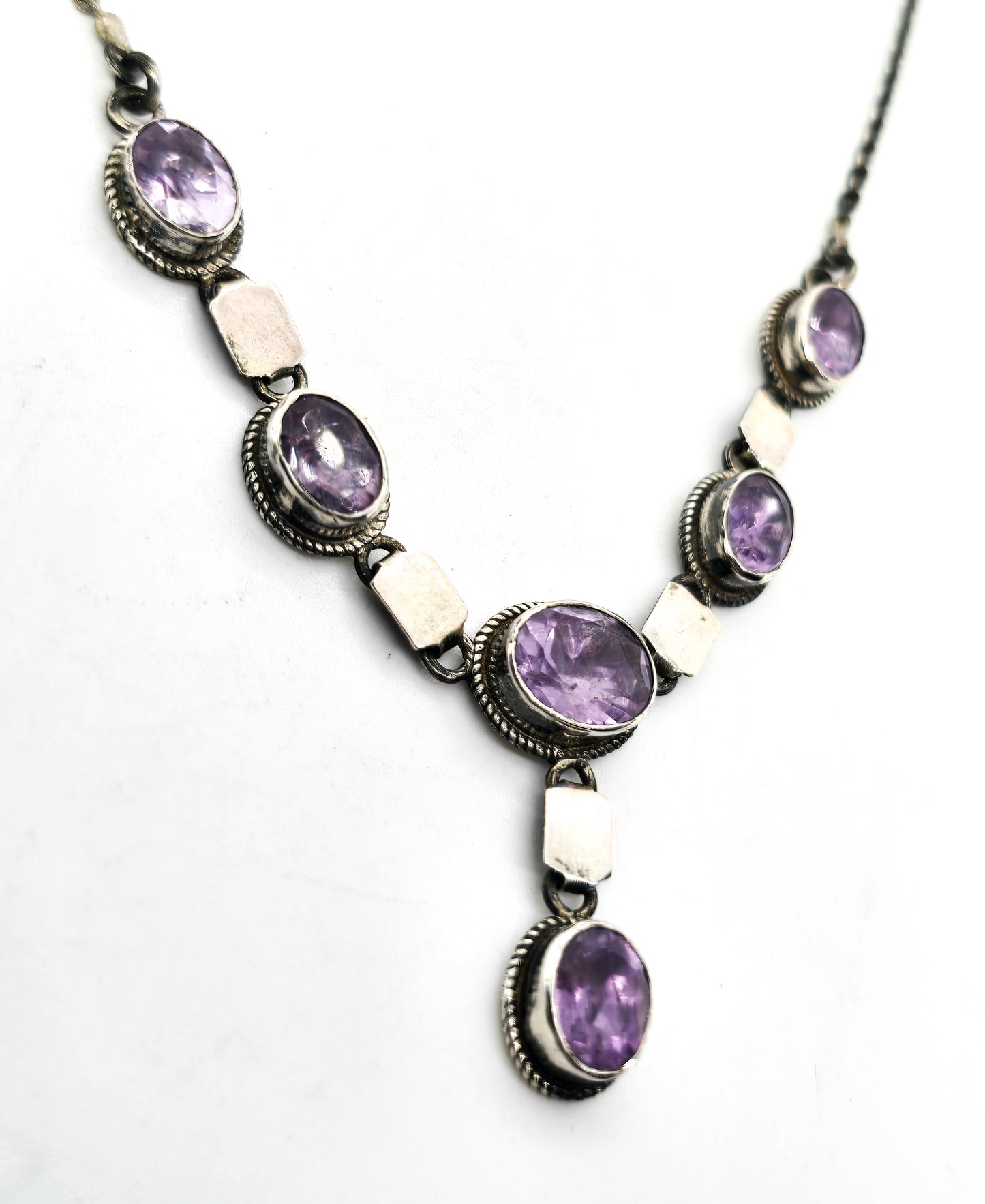 Amethyst purple gemstone sterling silver vintage Y statement necklace