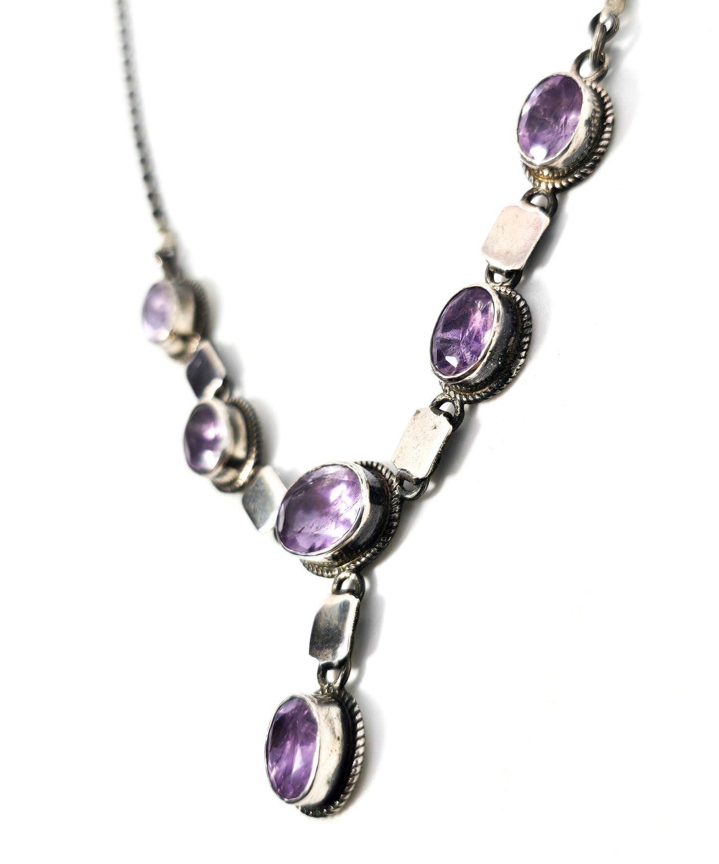 Amethyst purple gemstone sterling silver vintage Y statement necklace