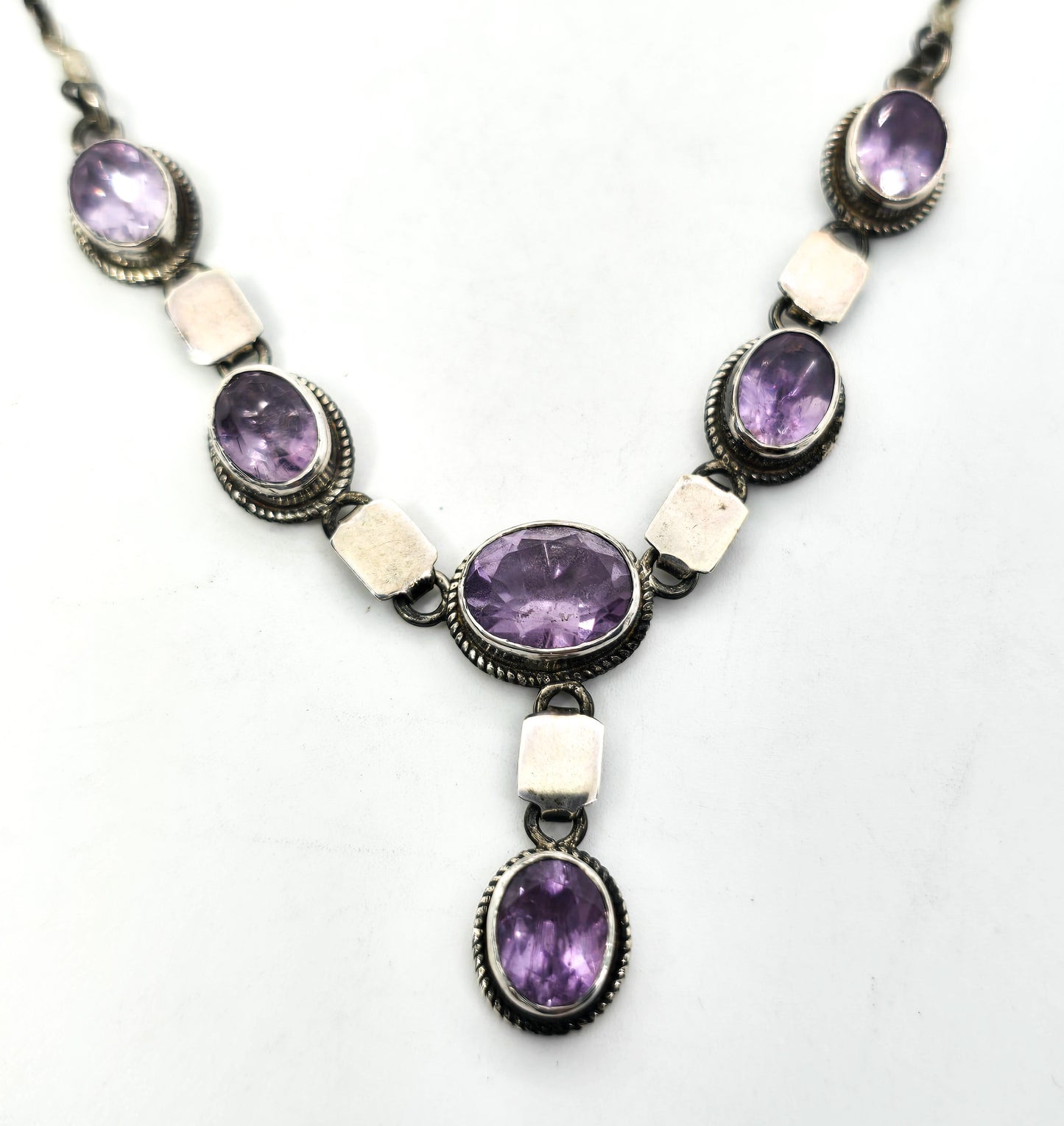 Amethyst purple gemstone sterling silver vintage Y statement necklace