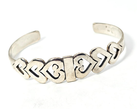 Mexican Taxco solid sterling silver vintage double heart bangle bracelet