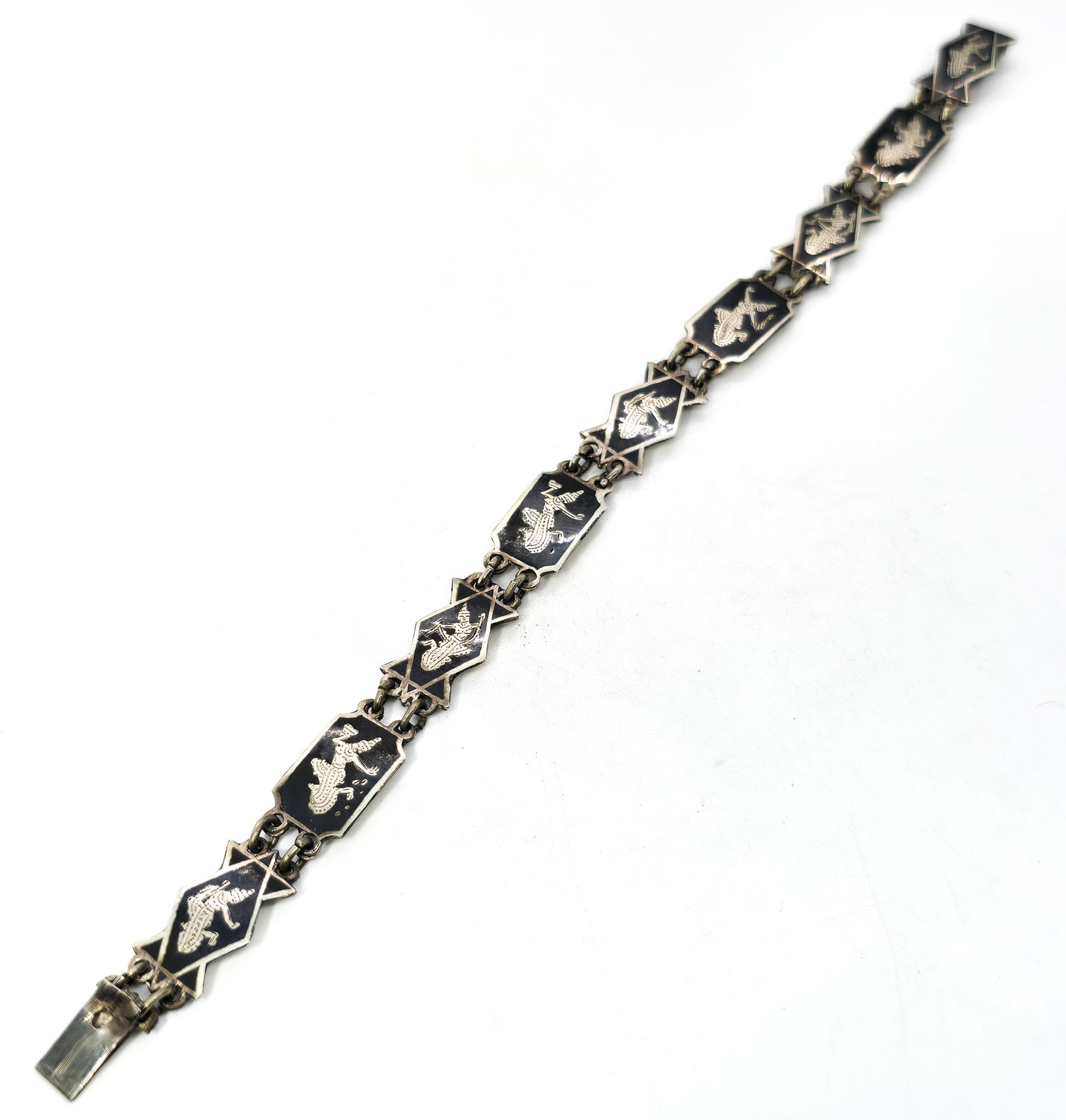 Siam Black Nielloware enamel Mekkala vintage sterling silver bracelet