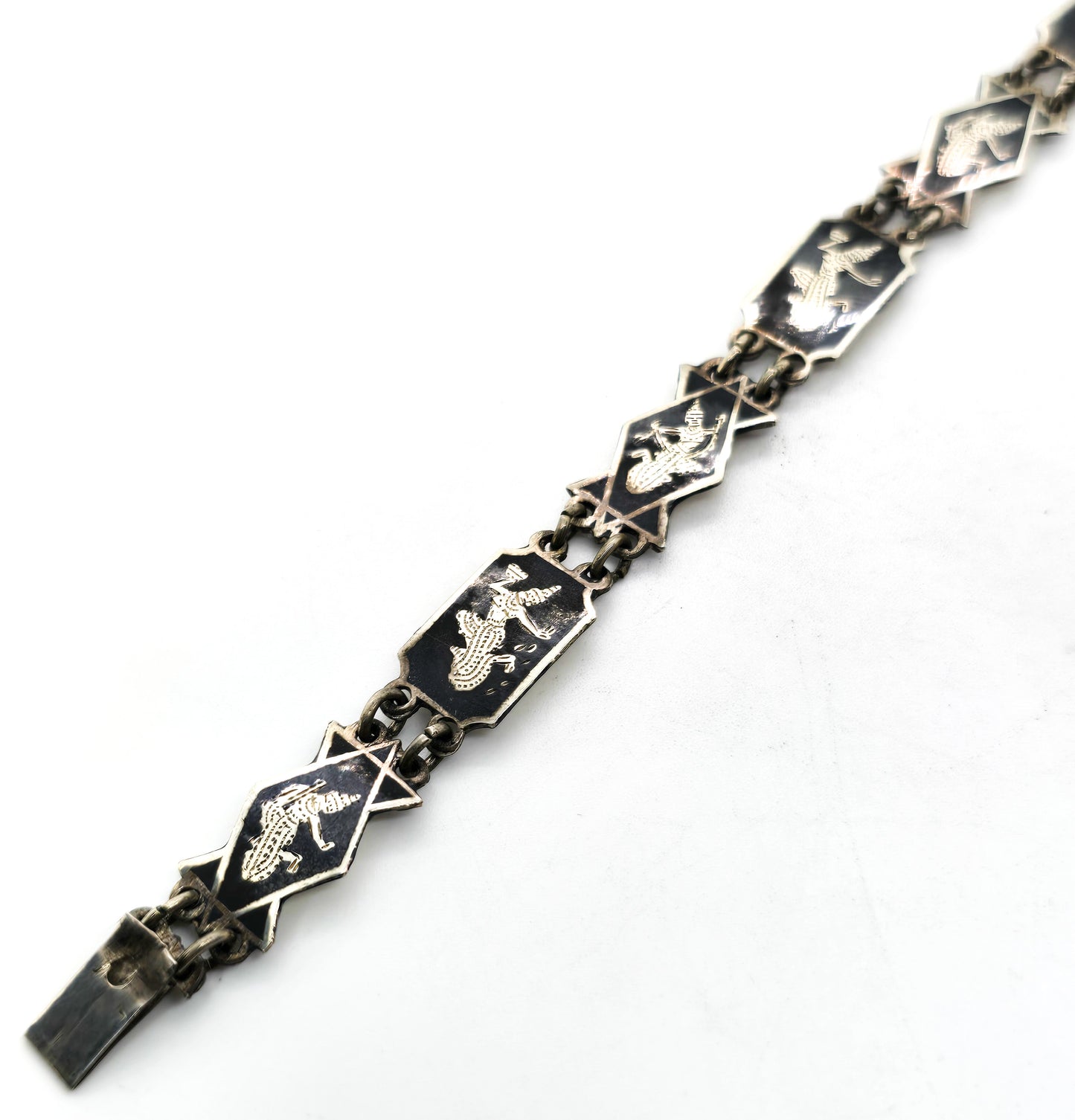 Siam Black Nielloware enamel Mekkala vintage sterling silver bracelet