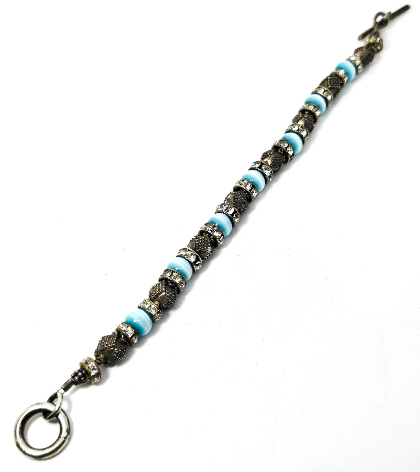 Mexican Blue Cat's Eye Rhinestone sterling silver beaded toggle clasp bracelet