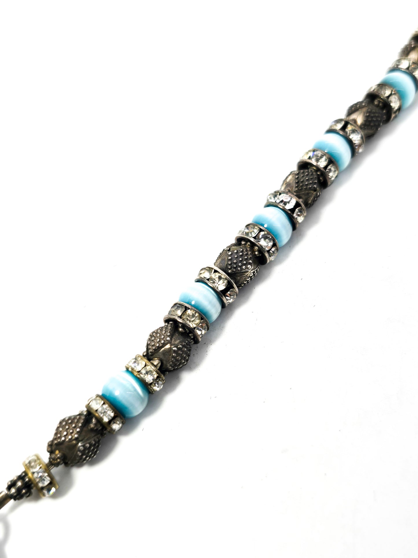 Mexican Blue Cat's Eye Rhinestone sterling silver beaded toggle clasp bracelet