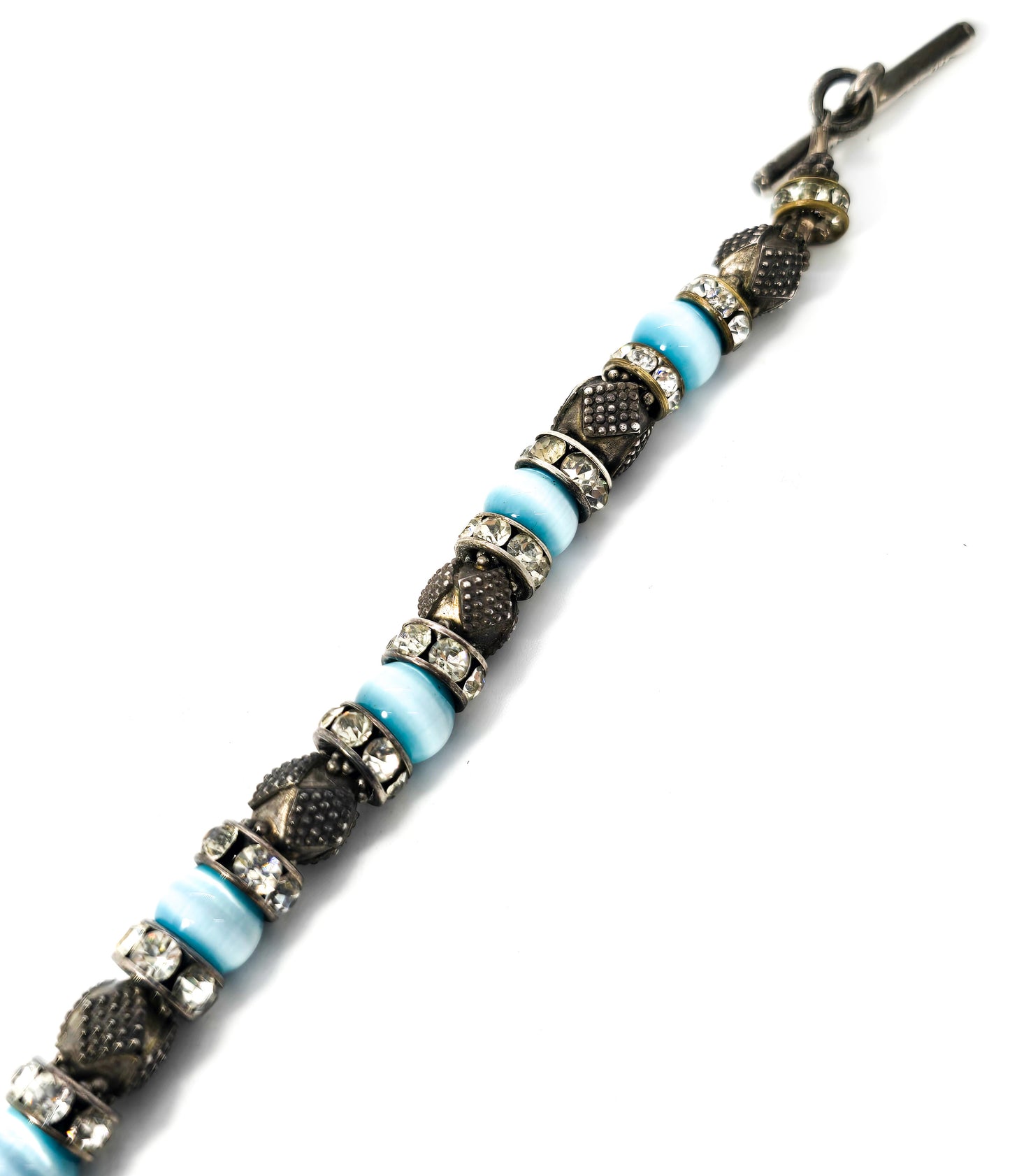 Mexican Blue Cat's Eye Rhinestone sterling silver beaded toggle clasp bracelet