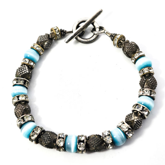 Mexican Blue Cat's Eye Rhinestone sterling silver beaded toggle clasp bracelet