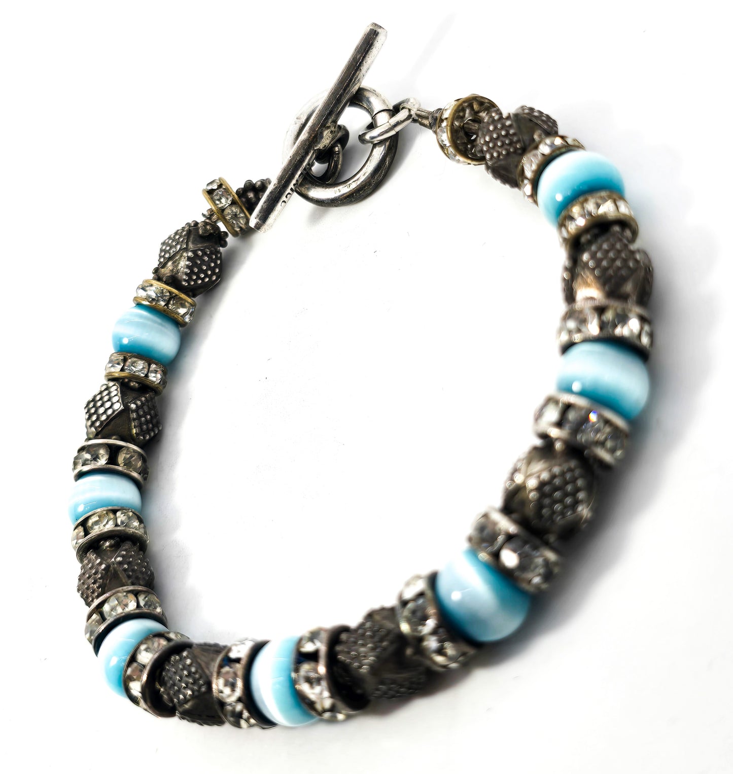 Mexican Blue Cat's Eye Rhinestone sterling silver beaded toggle clasp bracelet