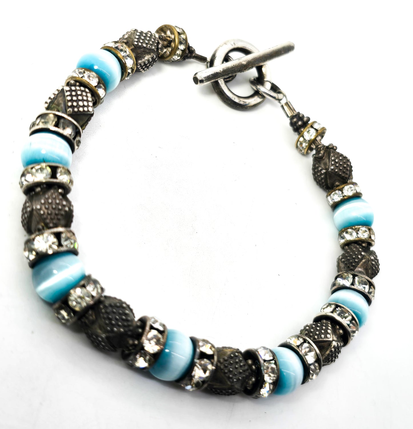 Mexican Blue Cat's Eye Rhinestone sterling silver beaded toggle clasp bracelet
