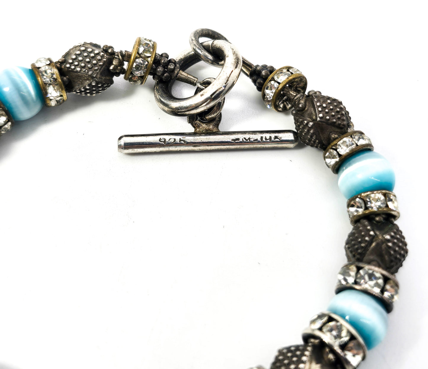 Mexican Blue Cat's Eye Rhinestone sterling silver beaded toggle clasp bracelet