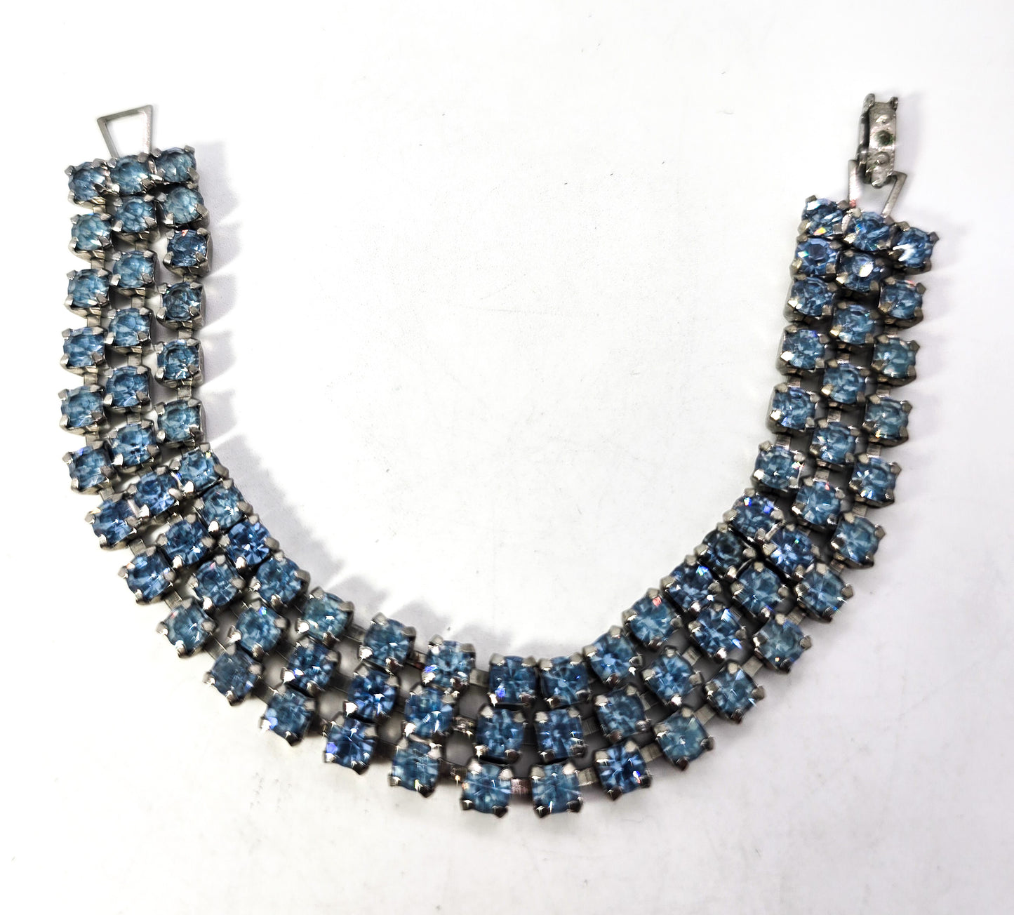 Three row light baby blue rhinestone vintage mid century tennis bracelet