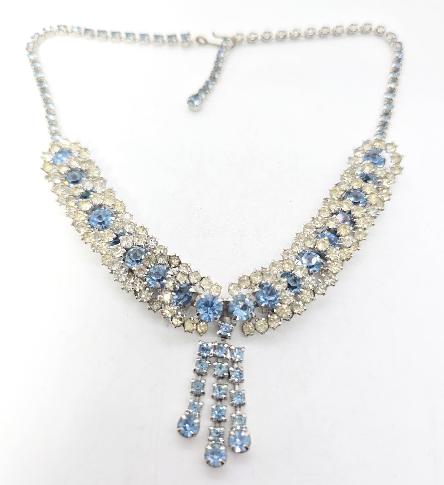 Scalloped halo Baby Blue vintage rhinestone collar mid century statement necklace