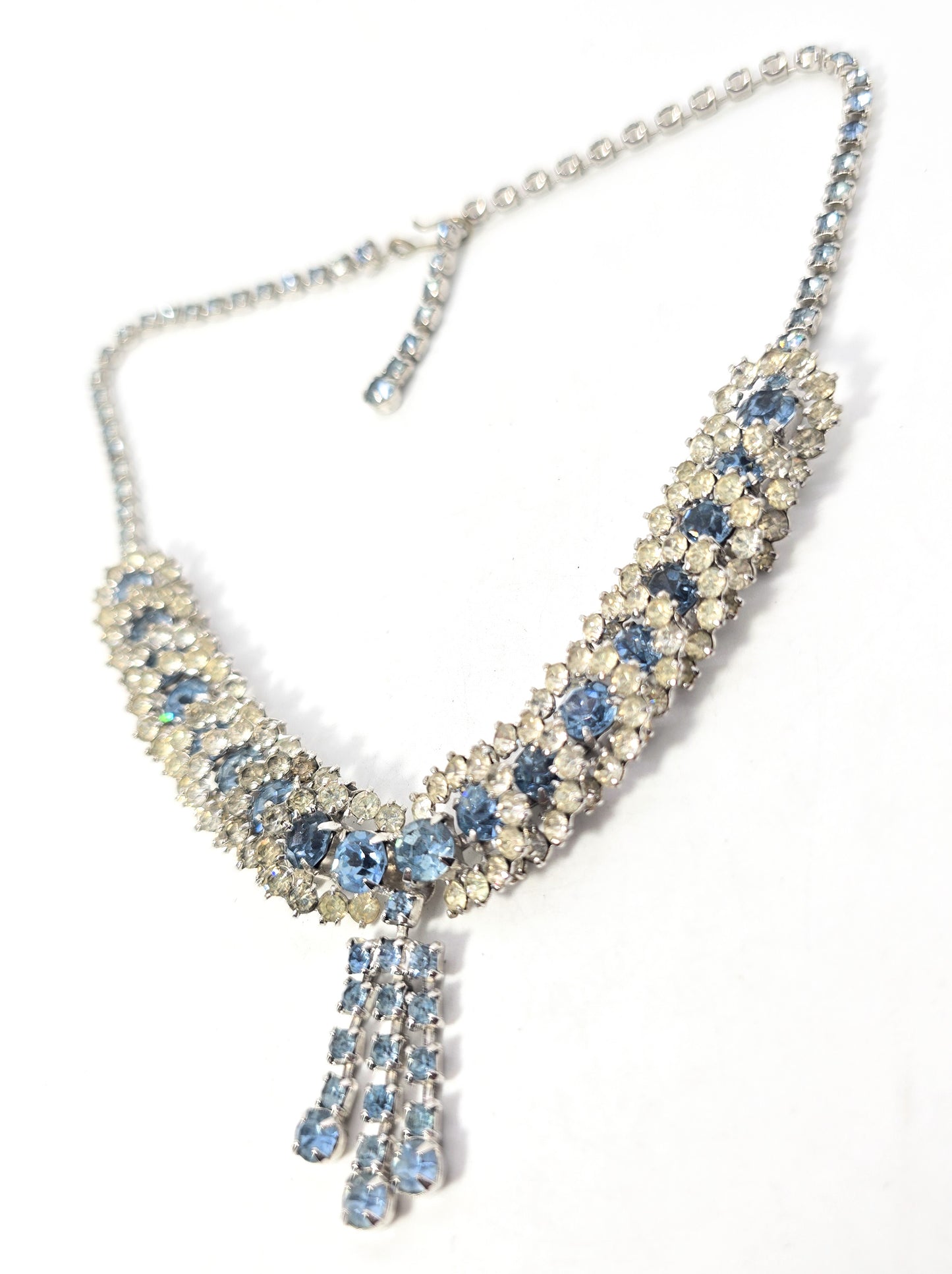 Scalloped halo Baby Blue vintage rhinestone collar mid century statement necklace