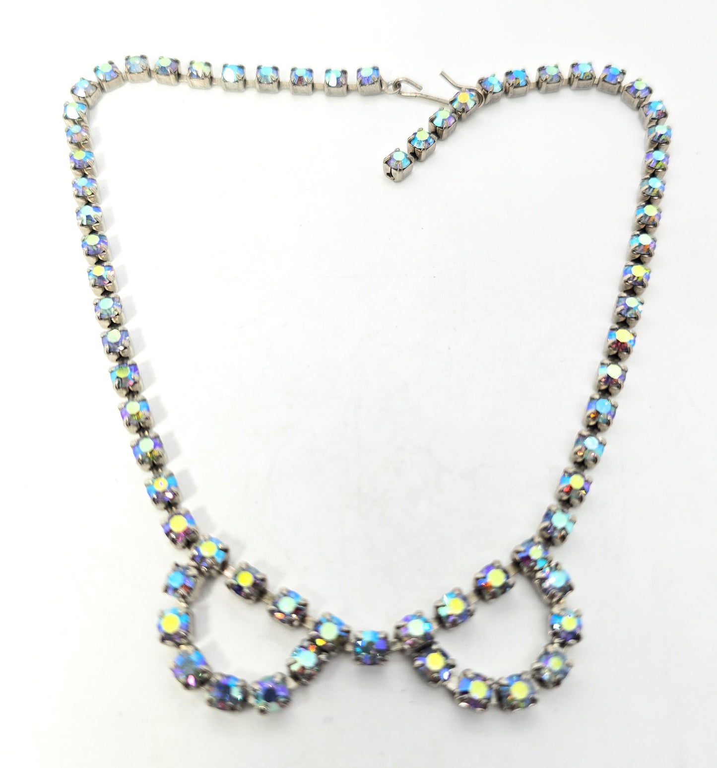 Blue Aurora Borealis vintage rhinestone mid century scalloped bow necklace