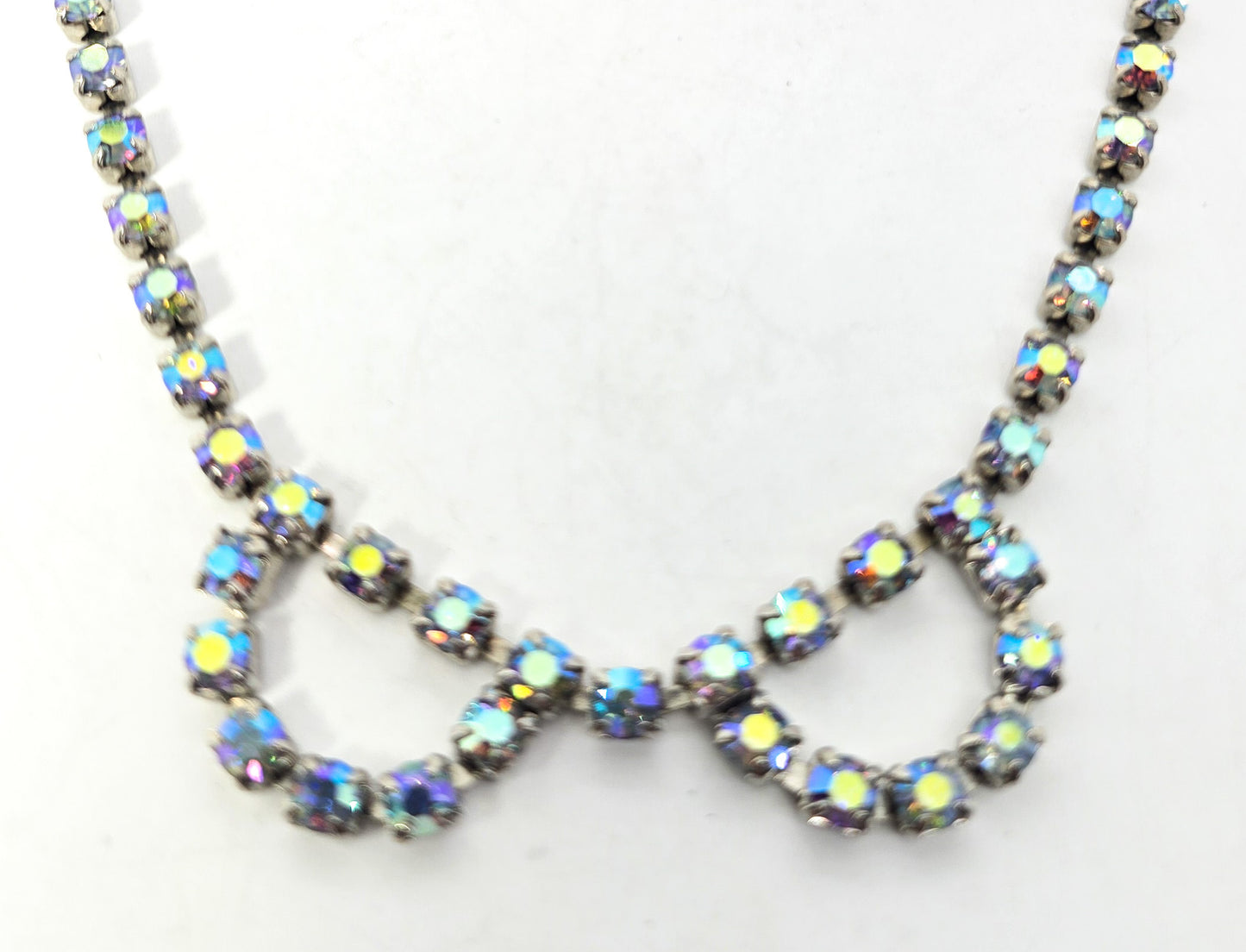 Blue Aurora Borealis vintage rhinestone mid century scalloped bow necklace