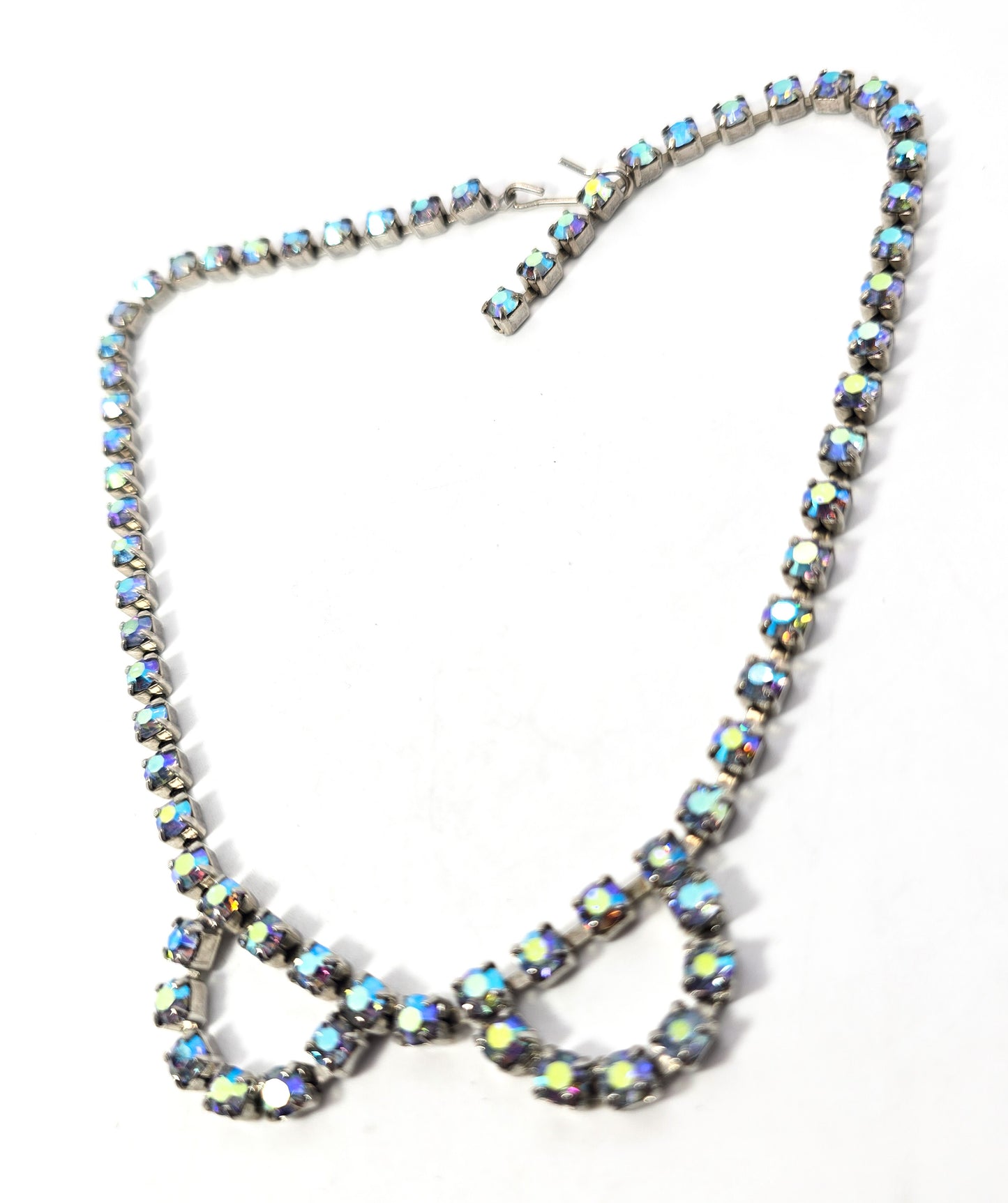 Blue Aurora Borealis vintage rhinestone mid century scalloped bow necklace
