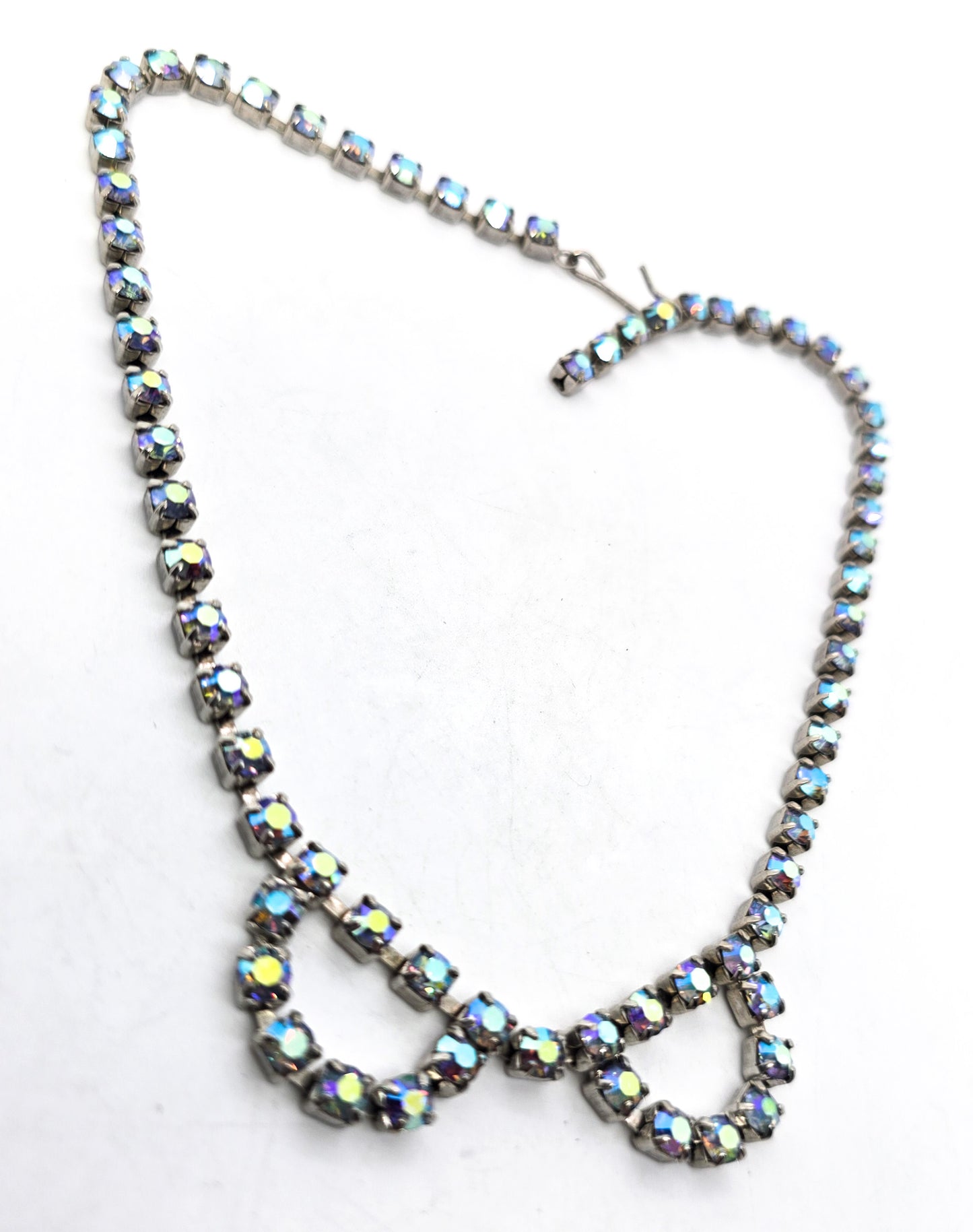 Blue Aurora Borealis vintage rhinestone mid century scalloped bow necklace
