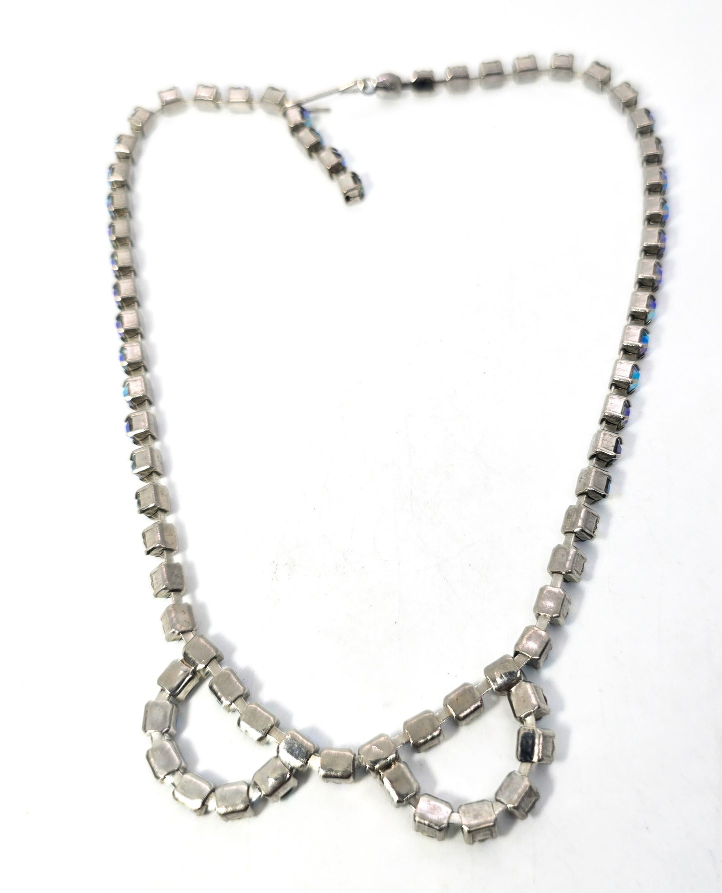 Blue Aurora Borealis vintage rhinestone mid century scalloped bow necklace