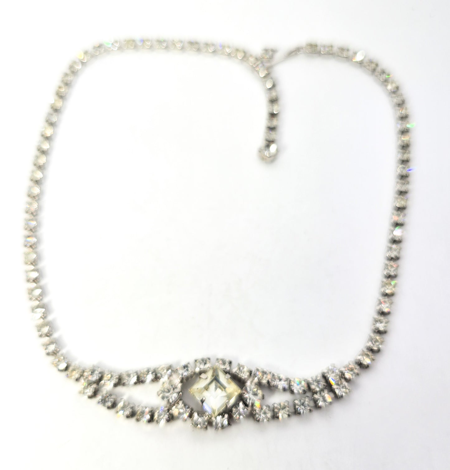Clear princess cut rhinestone eye vintage mid century choker necklace
