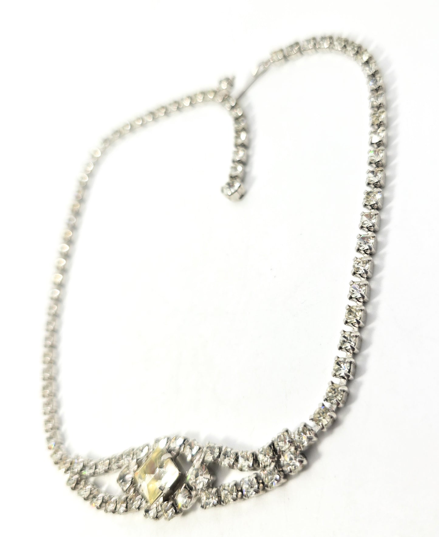 Clear princess cut rhinestone eye vintage mid century choker necklace