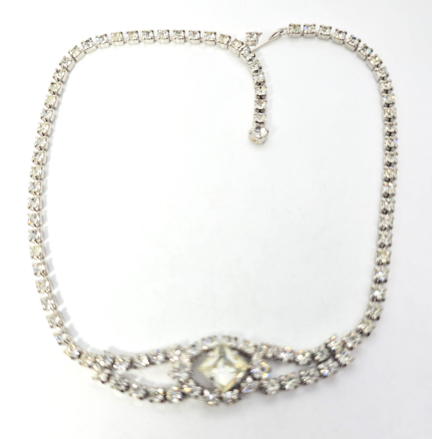Clear princess cut rhinestone eye vintage mid century choker necklace