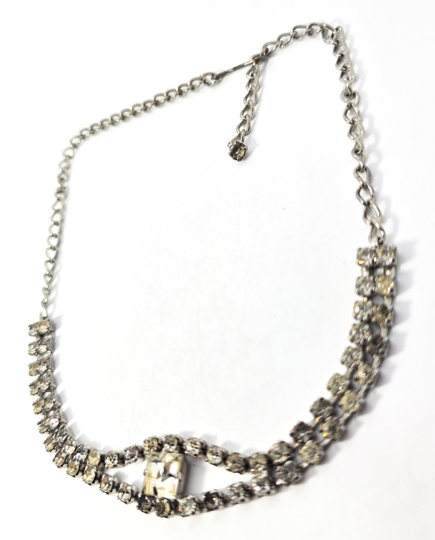 Clear Square cut rhinestone chain vintage mid century choker necklace