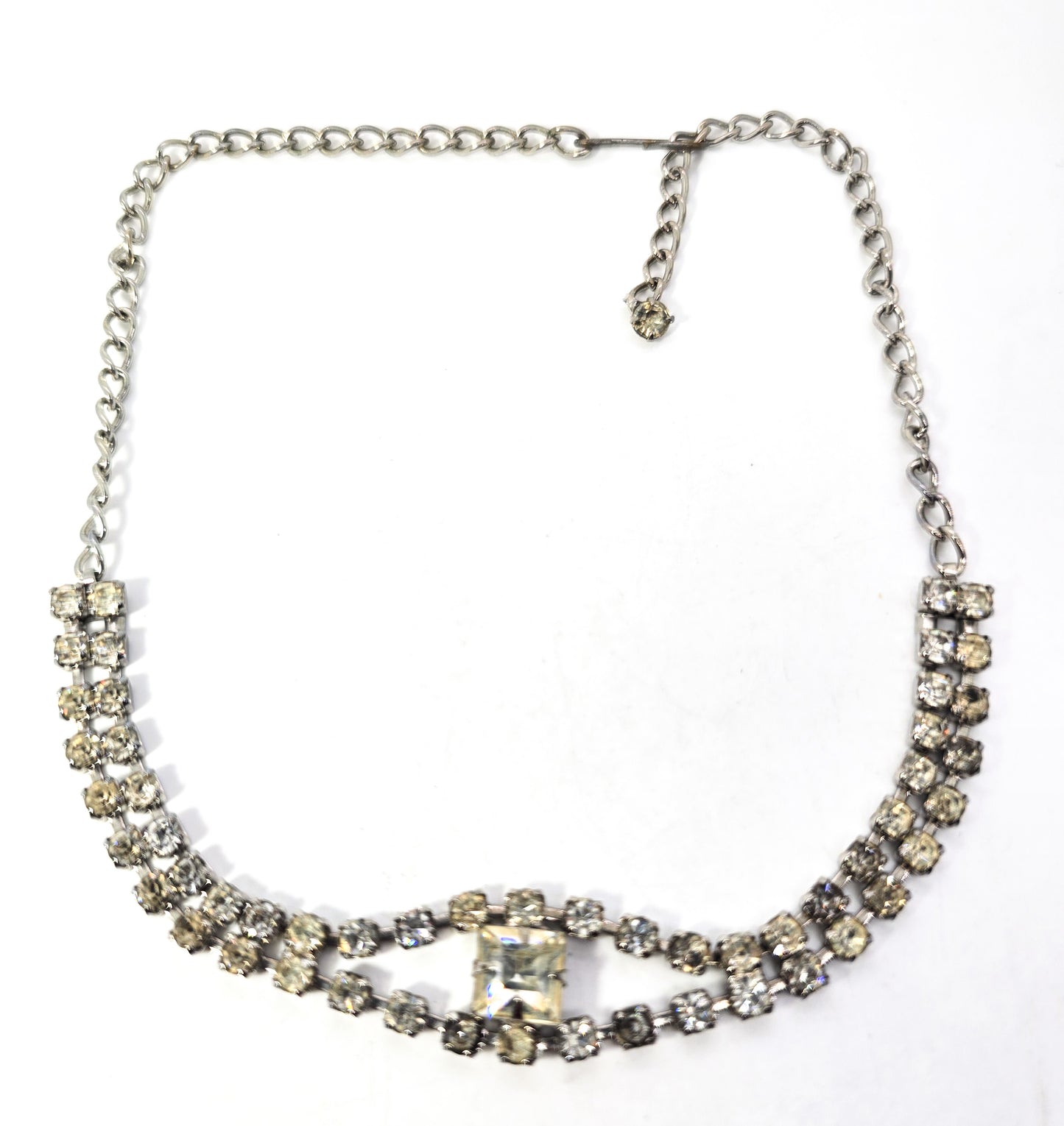 Clear Square cut rhinestone chain vintage mid century choker necklace