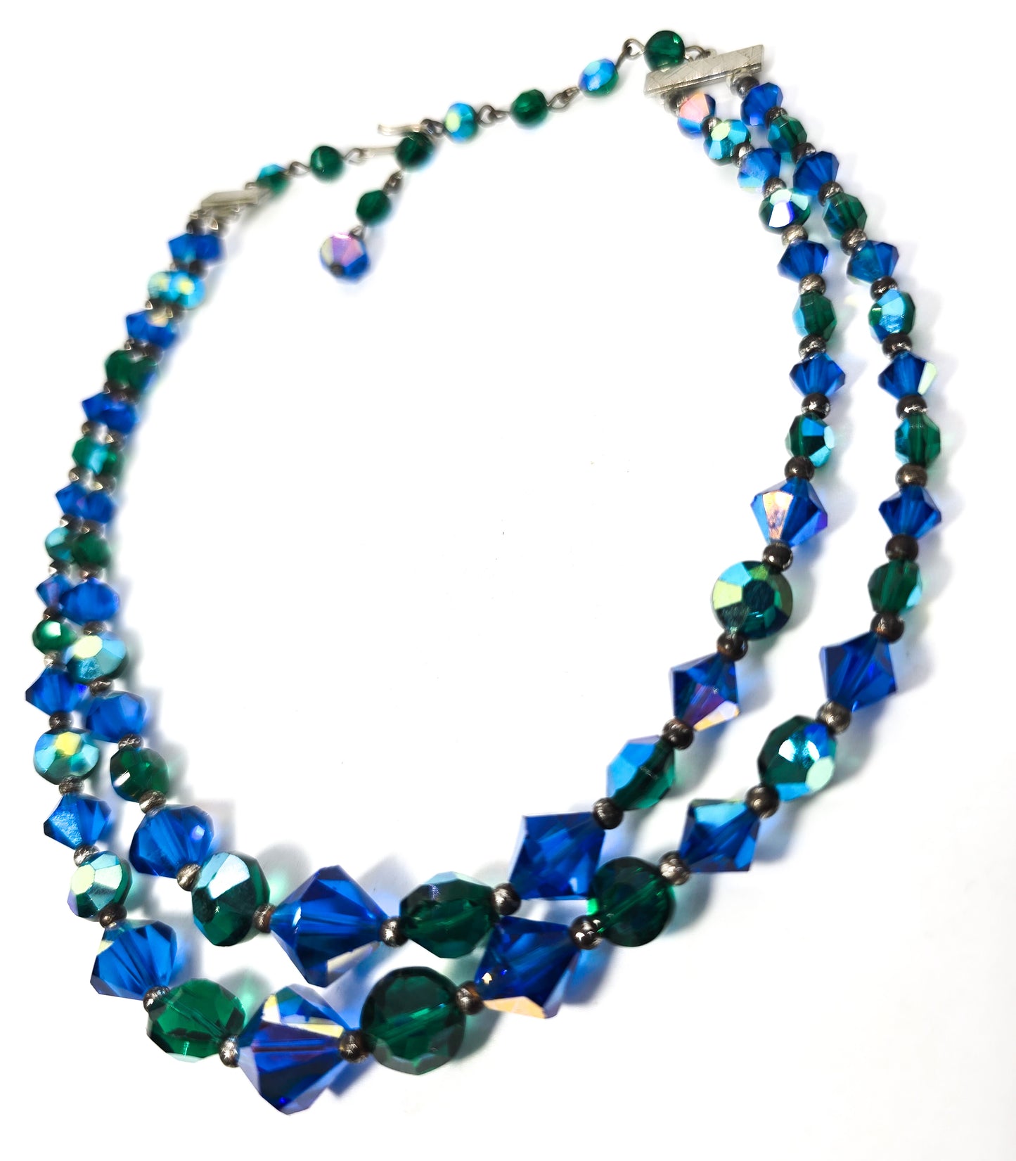 Green and blue Austrian crystal Aurora Borealis vintage two strand beaded necklace