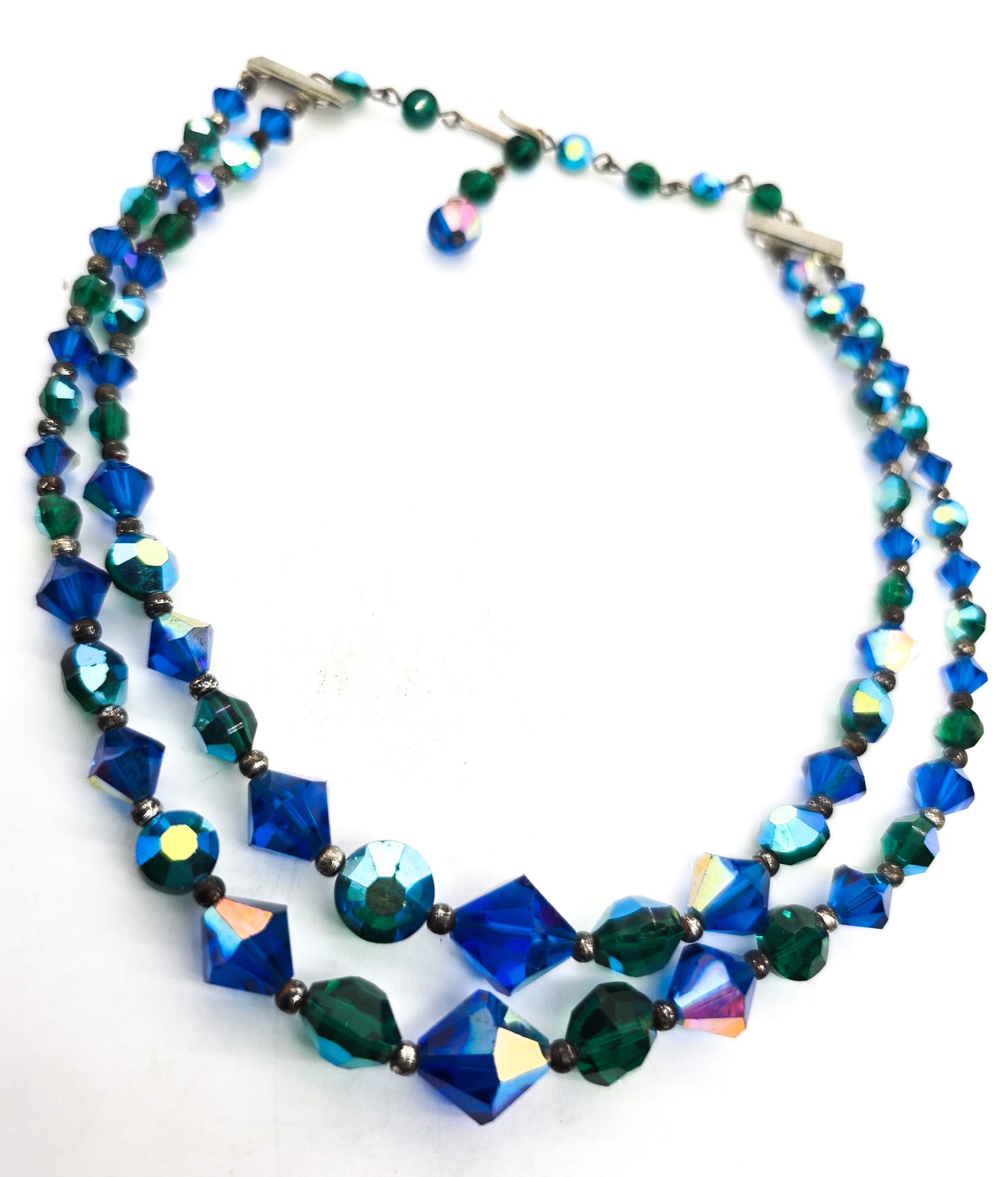 Green and blue Austrian crystal Aurora Borealis vintage two strand beaded necklace