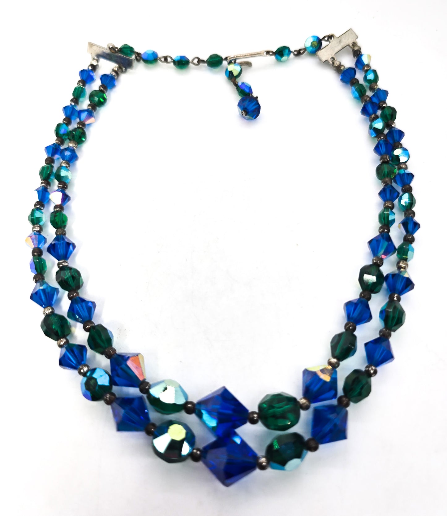 Green and blue Austrian crystal Aurora Borealis vintage two strand beaded necklace
