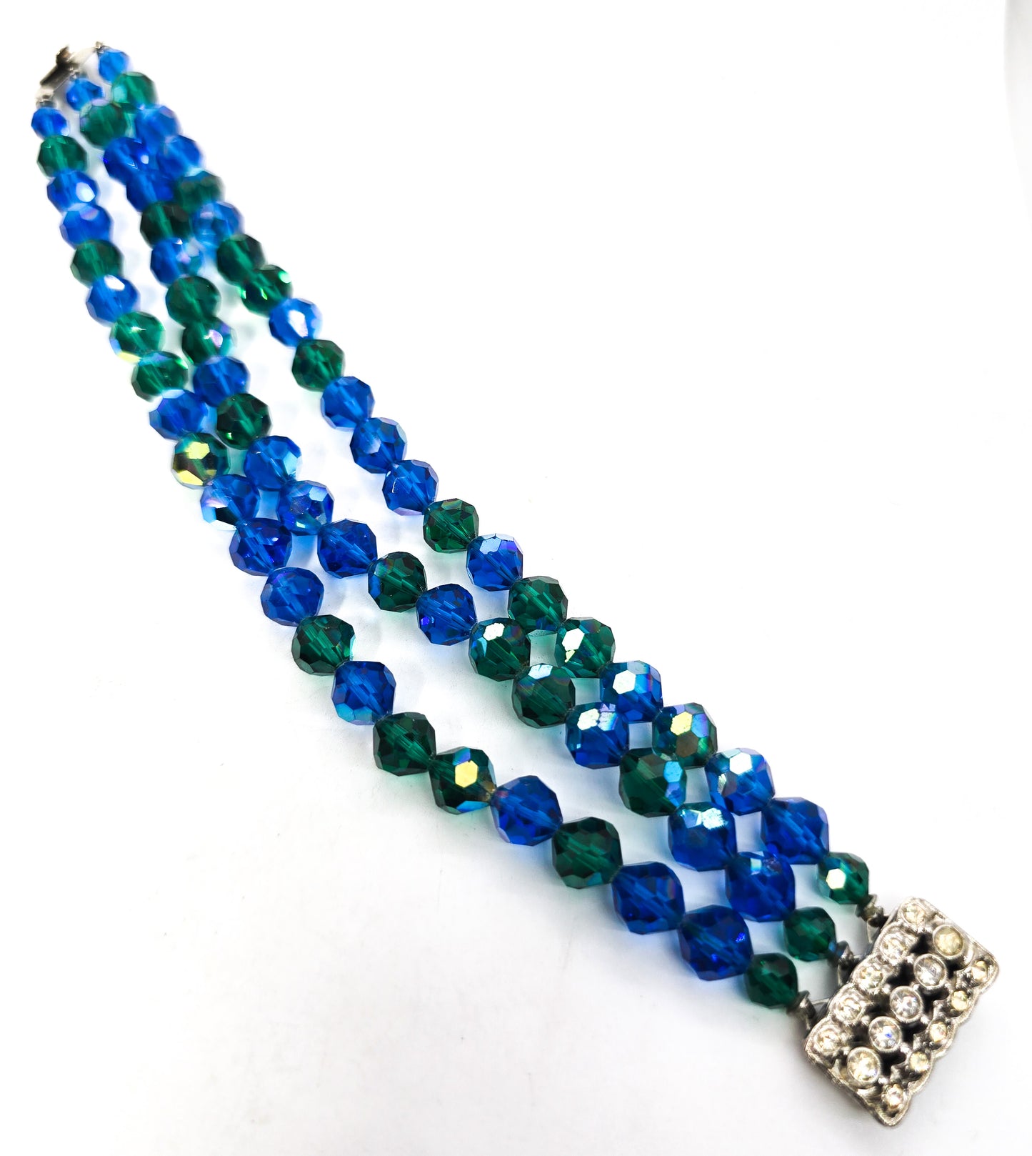 Triple strand blue and green vintage beaded Austrian Crystal rhinestone bracelet
