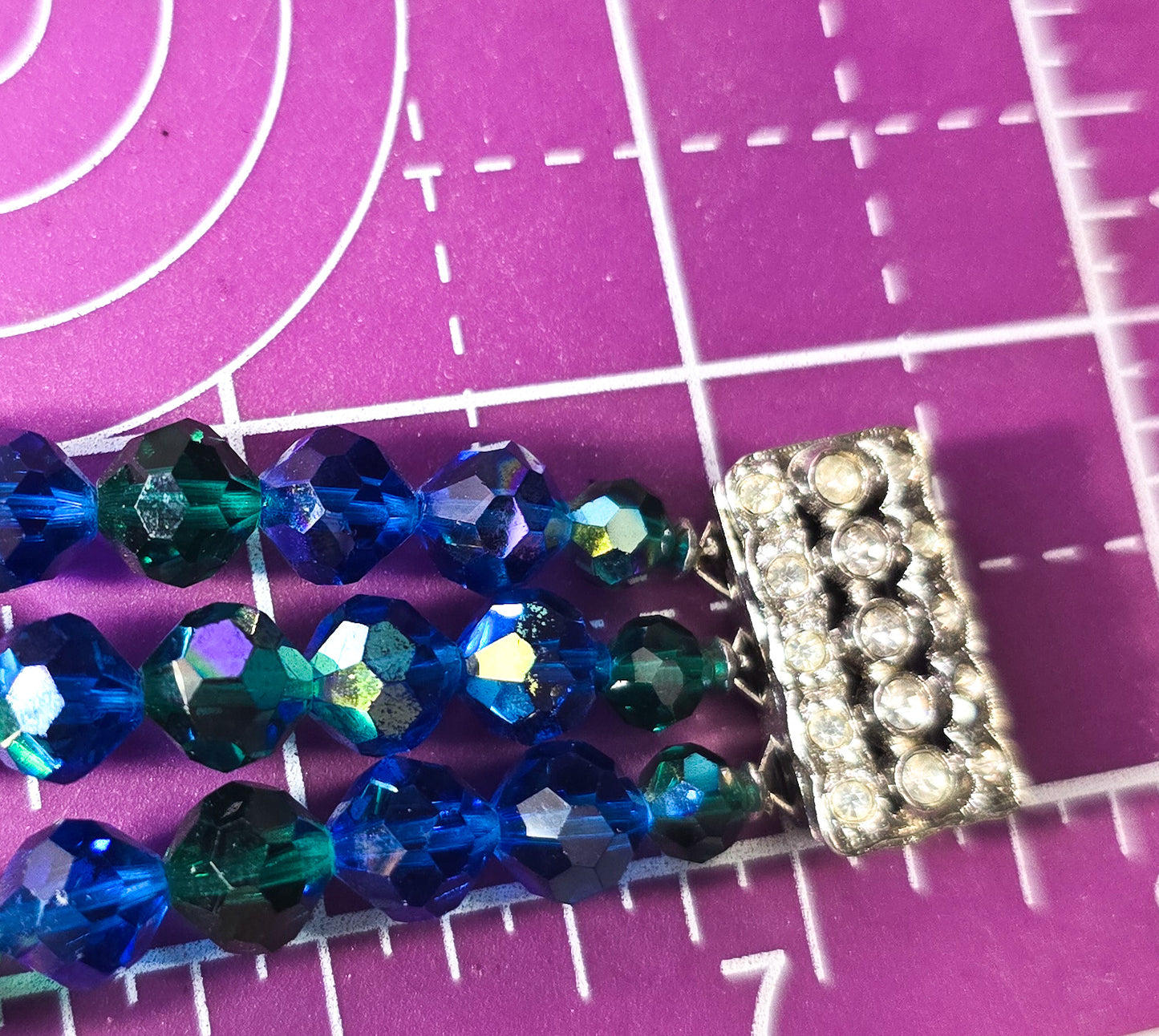 Triple strand blue and green vintage beaded Austrian Crystal rhinestone bracelet