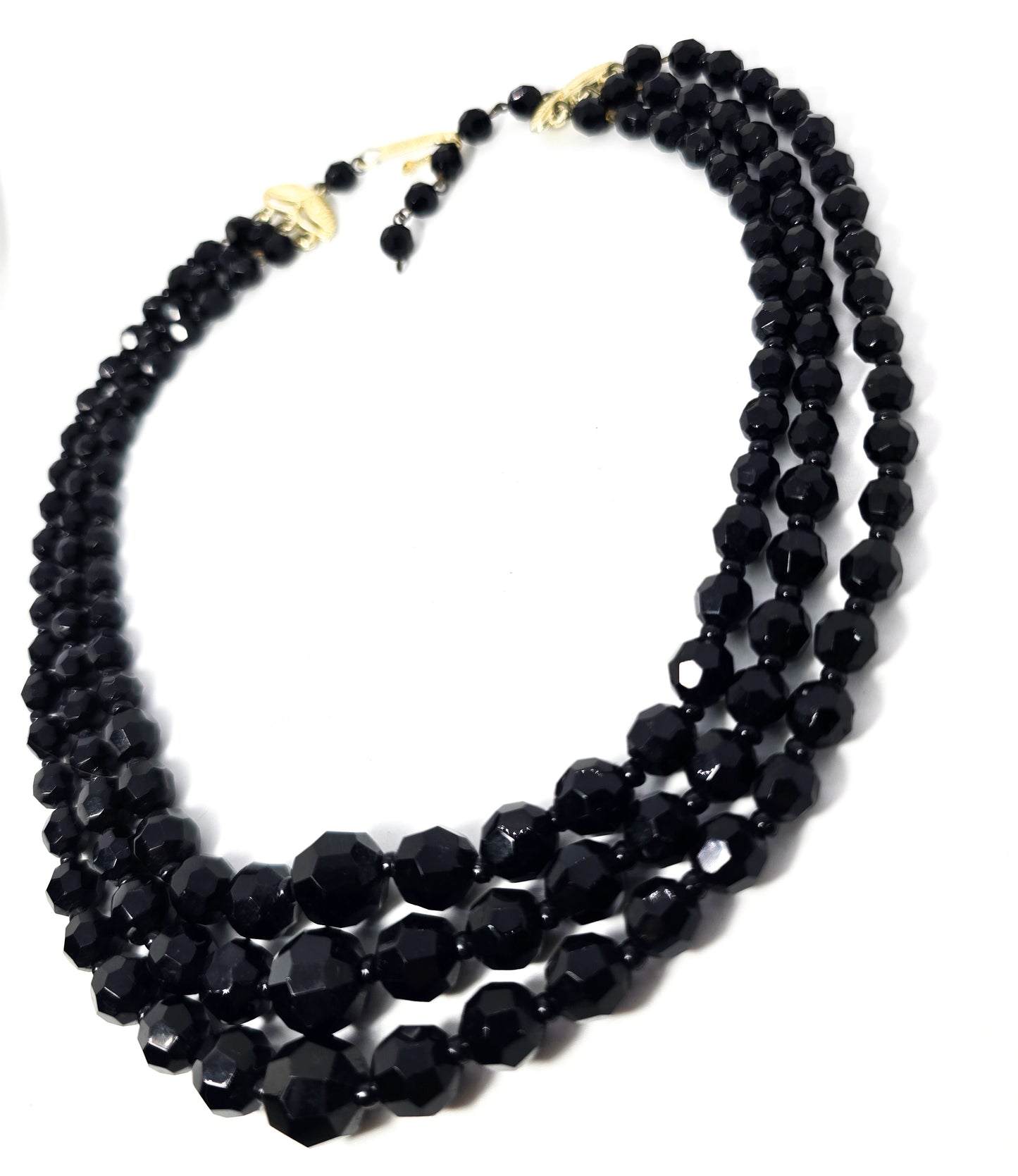 West Germany black faceted 3 strand graduated beaded vintage necklace