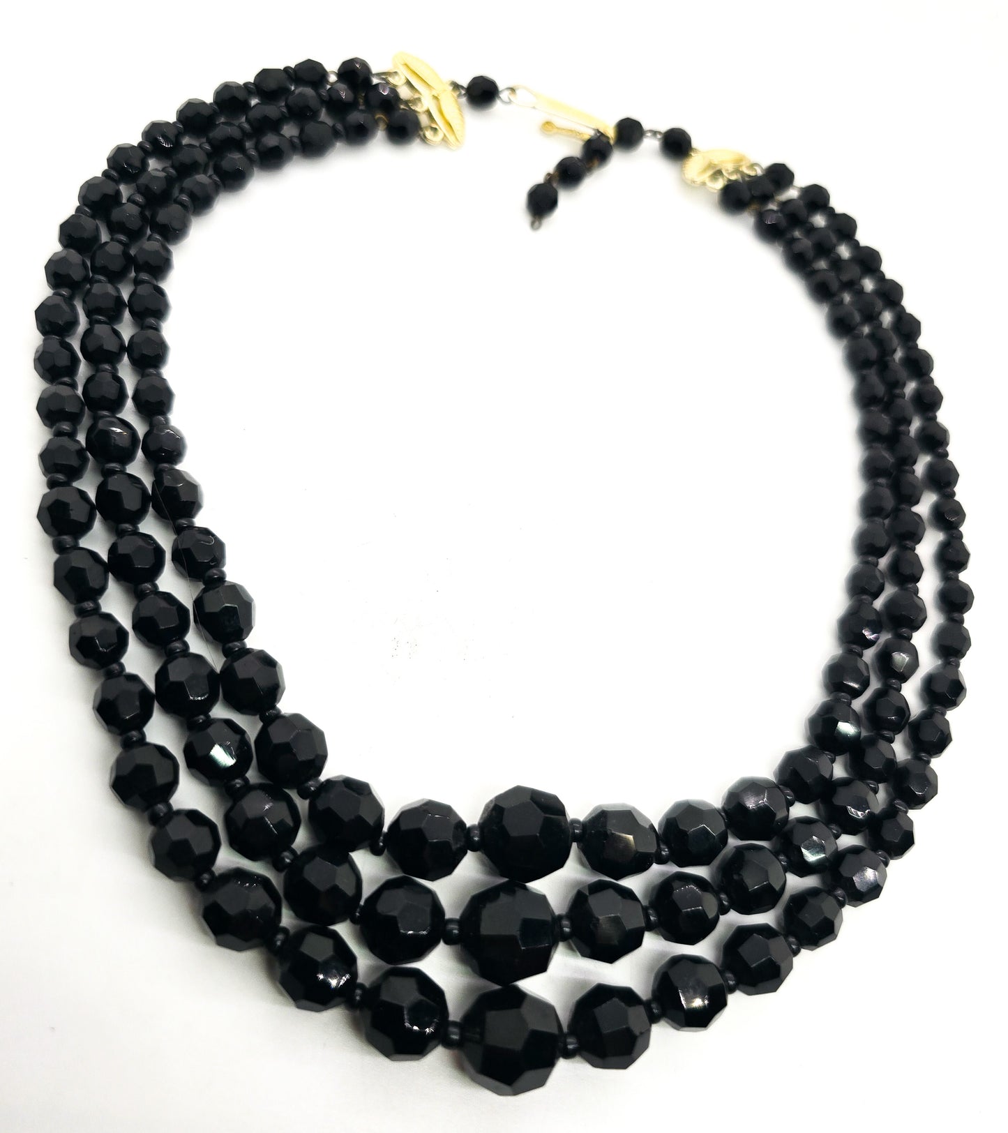 West Germany black faceted 3 strand graduated beaded vintage necklace