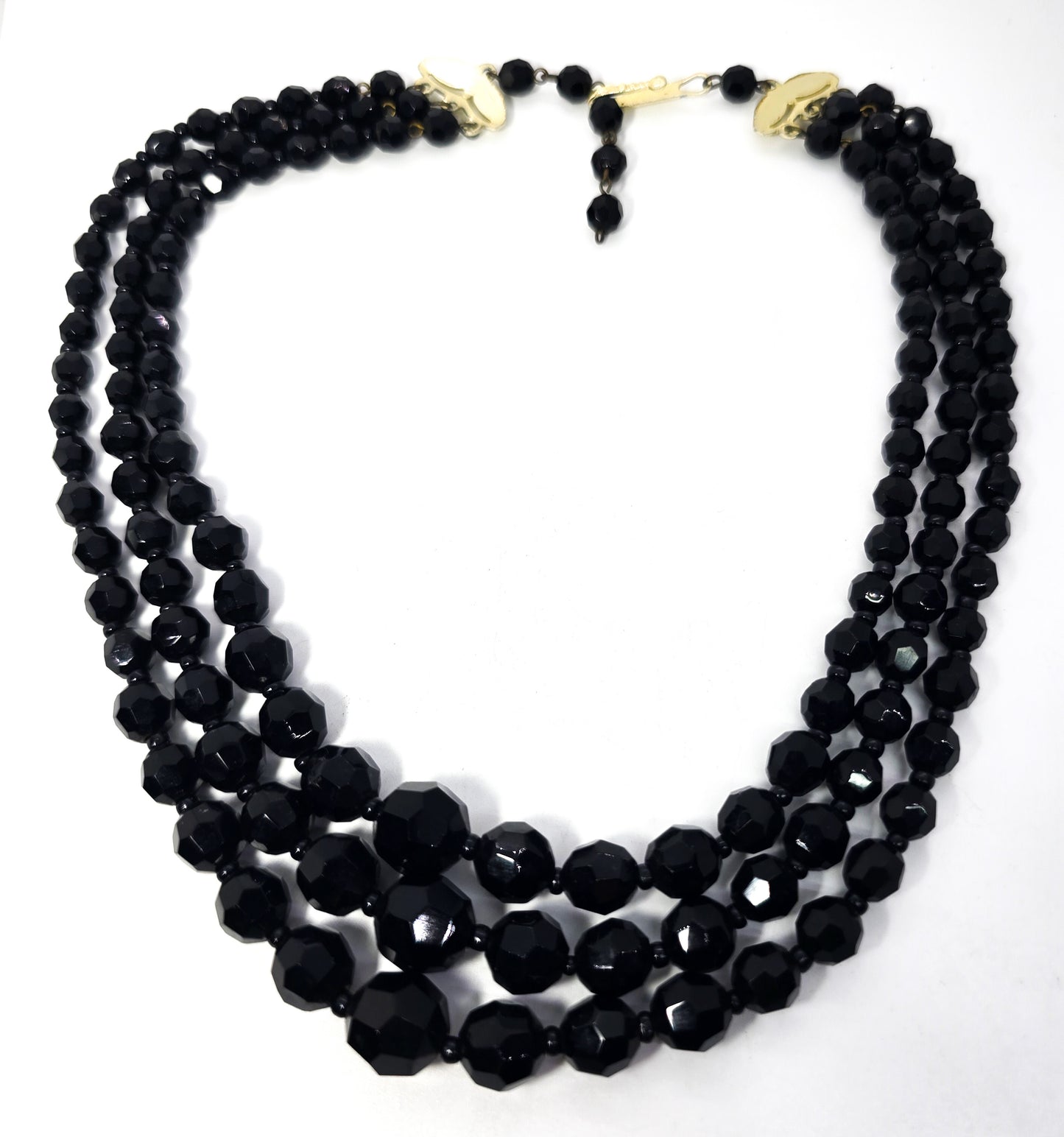 West Germany black faceted 3 strand graduated beaded vintage necklace