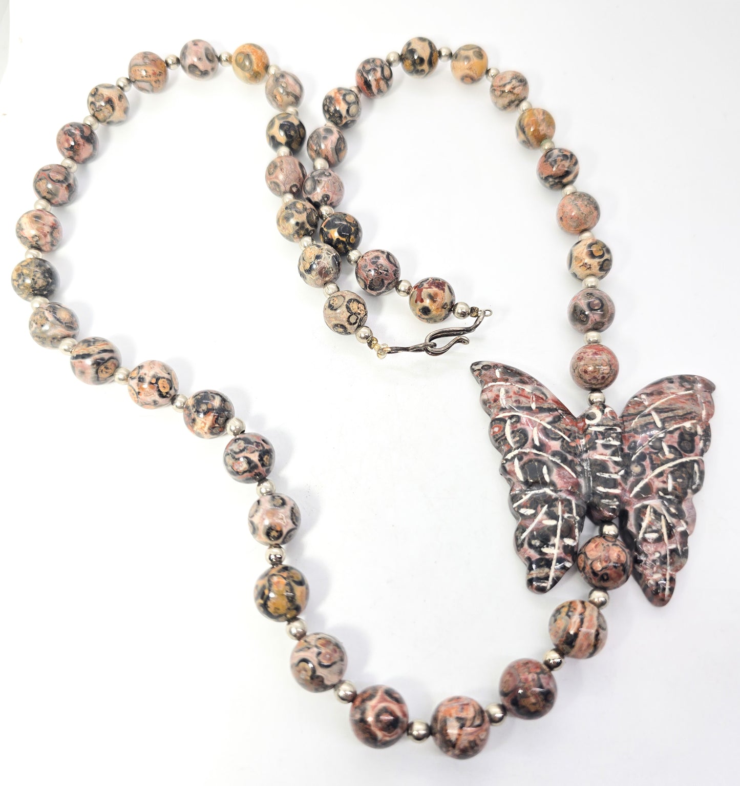 Leopard skin Jasper artisan gemstone butterfly 10mm beaded silver necklace