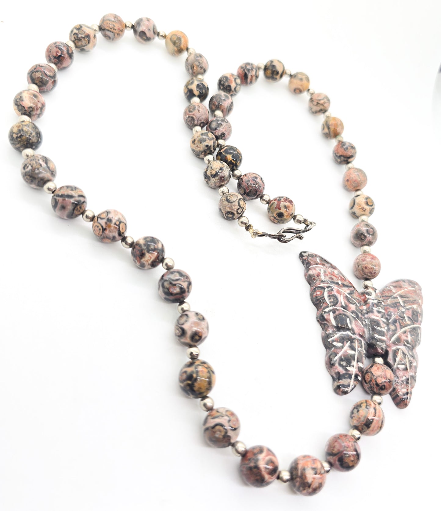 Leopard skin Jasper artisan gemstone butterfly 10mm beaded silver necklace
