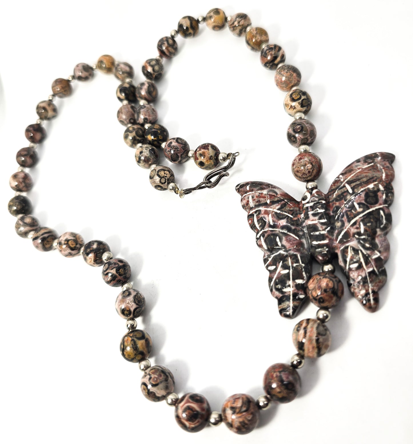 Leopard skin Jasper artisan gemstone butterfly 10mm beaded silver necklace